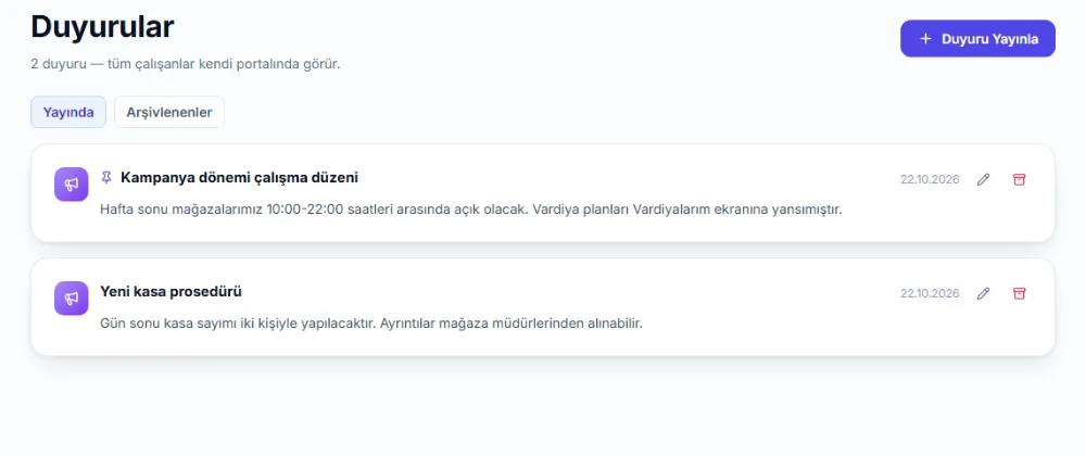 Duyurular ekranı: Yayında ve Arşivlenenler sekmeleri, sabitlenmiş duyuru ve düzenleme düğmeleri
