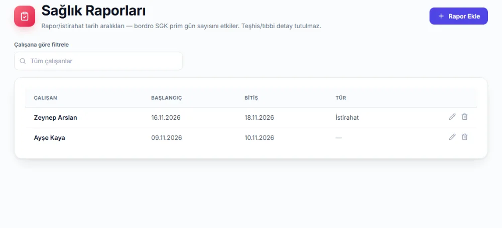 Sağlık Raporları ekranı: Rapor Ekle düğmesi, çalışana göre filtre ve rapor tarih aralıkları listesi